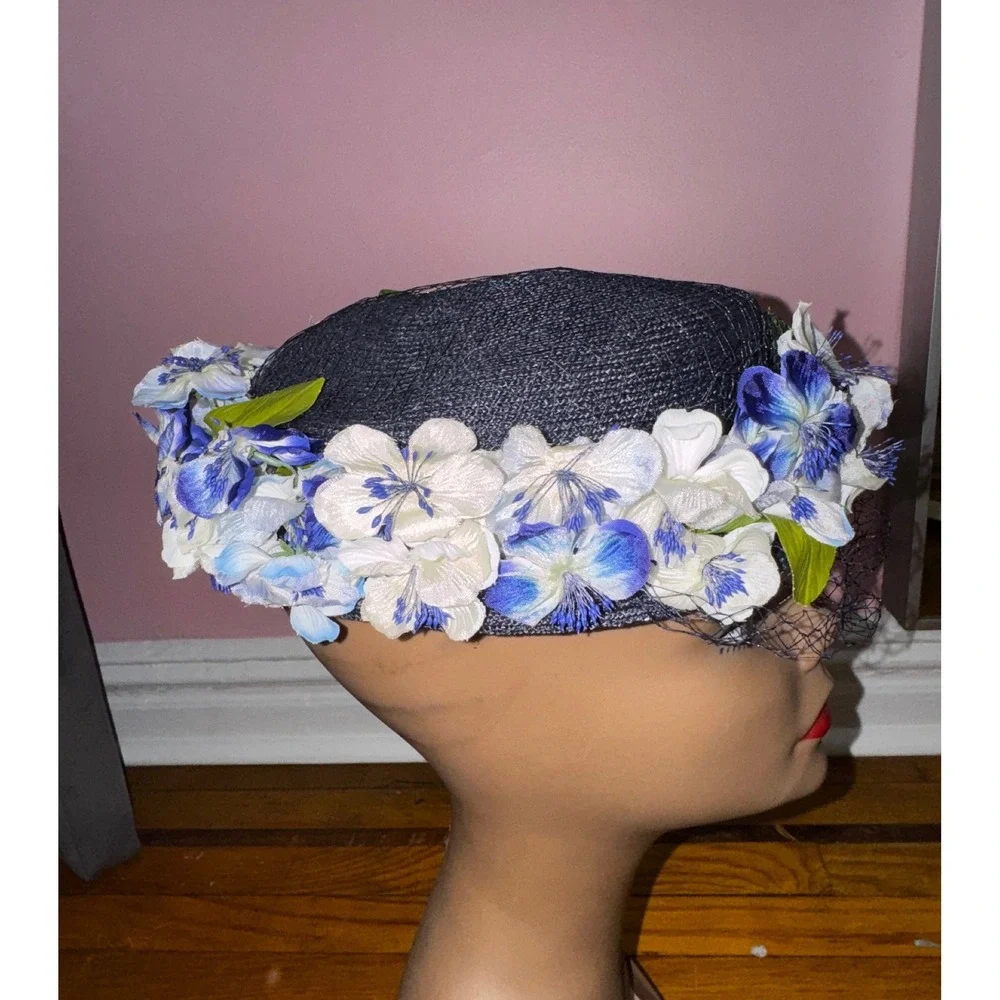 Vintage Luci Puci Bloomingdales Navy Straw Floral Pillbox Hat Birdcage‎ Veil 22